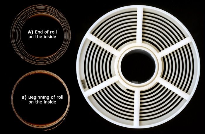Development reels with rolls of 35mm film.