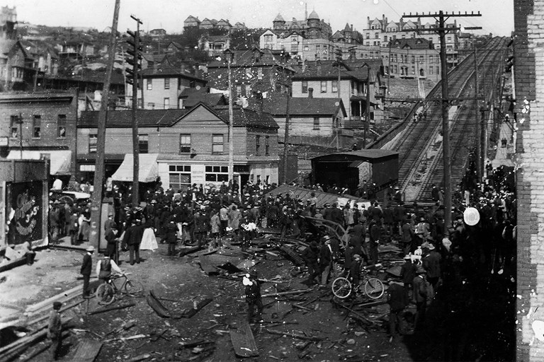 View at Superior street and seventh avenue west where incline crashed, May, 1901