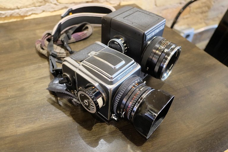 Rolleiflex SLX next to a Hasselblad 500 C/M