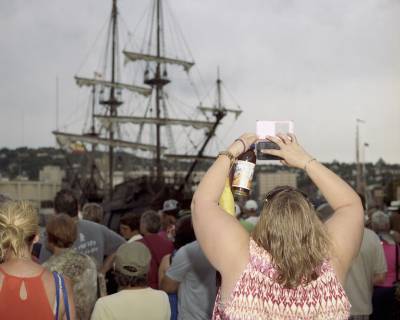 A Woman Takes A Smartphone Photo Of A Tall Ship, Duluth, Minnesota, August 2016